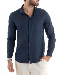 Camicia Uomo Lino Collo Francese Sartoriale Blu C2712A