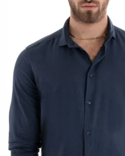 Camicia Uomo Lino Collo Francese Sartoriale Blu C2712A