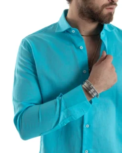 Camicia Uomo Lino Collo Francese Sartoriale Turchese C2726A