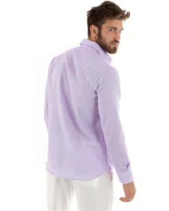 Camicia Uomo Lino Collo Francese Sartoriale Lilla Melangiata C2877A