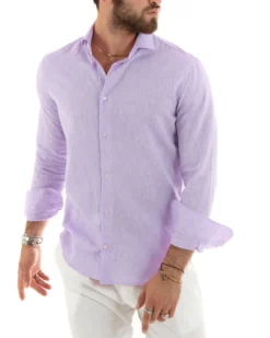 Camicia Uomo Lino Collo Francese Sartoriale Lilla Melangiata C2877A