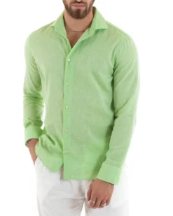 Camicia Uomo Lino Collo Francese Sartoriale Verde Acido Melangiata C2683A