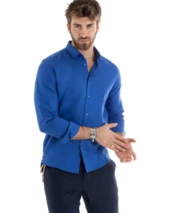 Camicia Uomo Lino Collo Francese Sartoriale Blu Royal C2717A