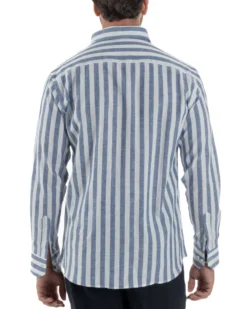 Camicia uomo lino collo francese rigata larga blu C3025A