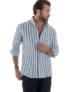 Camicia uomo lino collo francese rigata larga blu C3025A