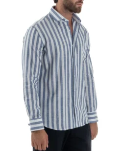 Camicia uomo lino collo francese rigata larga blu C3025A