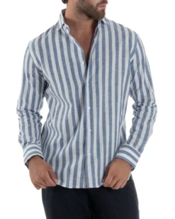 Camicia uomo lino collo francese rigata larga blu C3025A