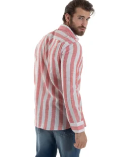 Camicia Uomo Lino Collo Francese Regular Fit Riga Larga Rosso C2854A