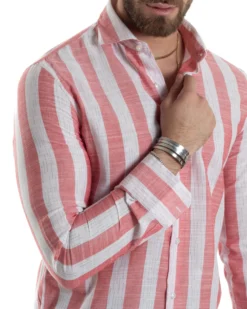 Camicia Uomo Lino Collo Francese Regular Fit Riga Larga Rosso C2854A