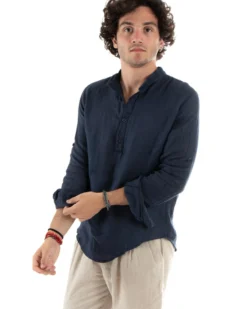 Camicia Uomo Lino Collo Serafino Mezzo Bottone Tinta Unita Casacca Blu GIOSAL-C2902A