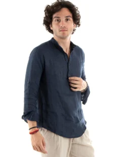 Camicia Uomo Lino Collo Serafino Mezzo Bottone Tinta Unita Casacca Blu GIOSAL-C2902A
