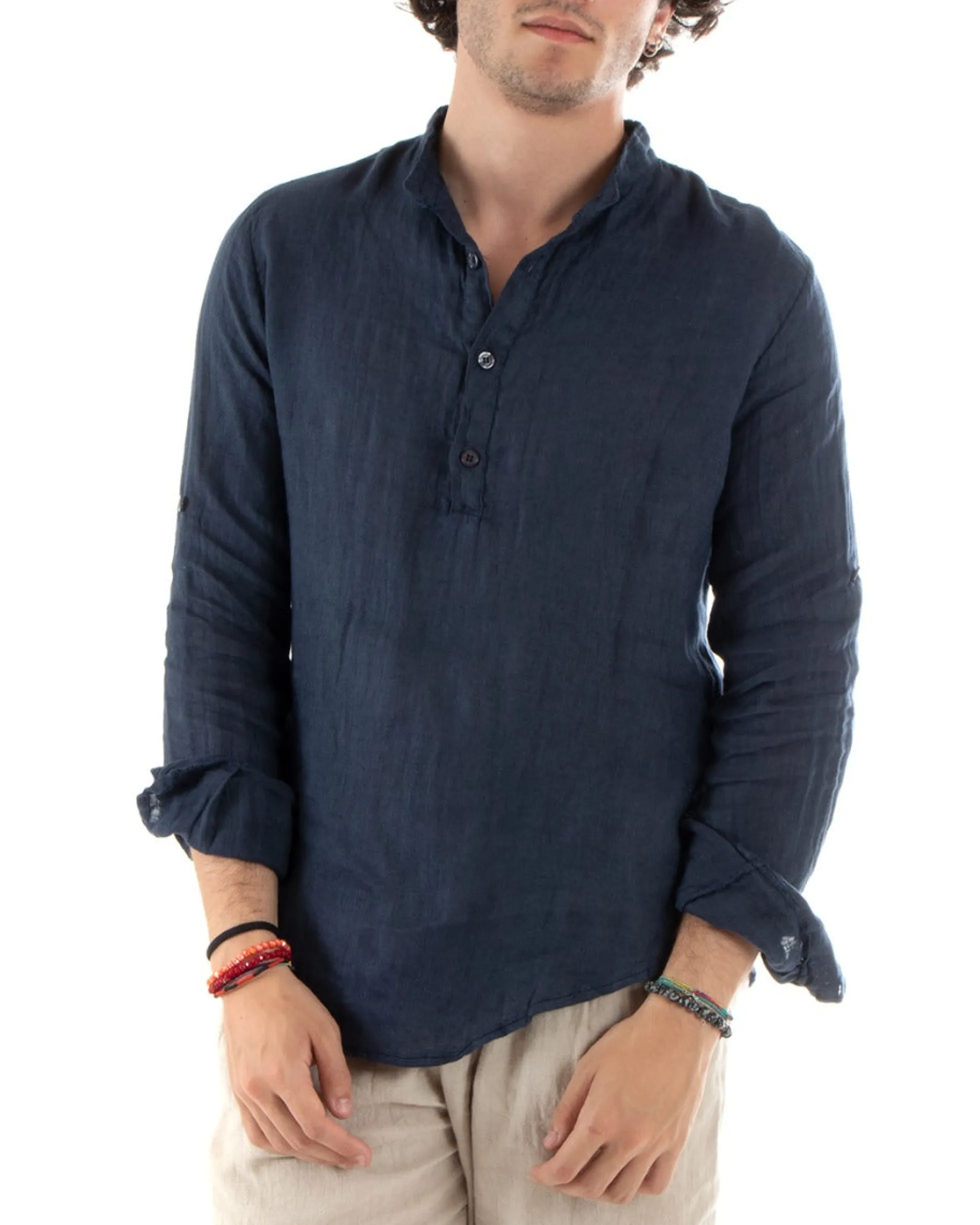 Camicia Uomo Lino Collo Serafino Mezzo Bottone Tinta Unita Casacca Blu GIOSAL-C2902A