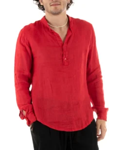 Camicia Uomo Lino Collo Serafino Mezzo Bottone Tinta Unita Casacca Rosso GIOSAL-C2907A