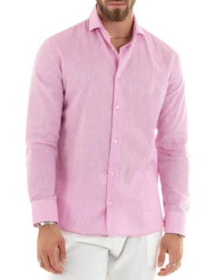 Camicia uomo lino melangiata collo francese sartoriale casual tinta unita rosa GIOSAL-C2684A