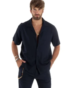 Camicia uomo lino mezze maniche colletto bowling collo rever boxy fit blu GIOSAL-CC1212A