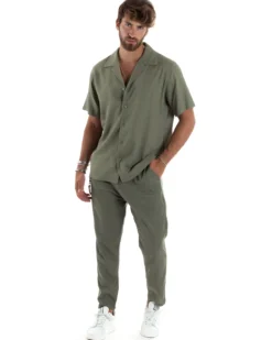 Camicia uomo lino mezze maniche colletto bowling collo rever boxy fit verde GIOSAL-CC1209A