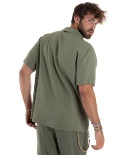 Camicia uomo lino mezze maniche colletto bowling collo rever boxy fit verde GIOSAL-CC1209A