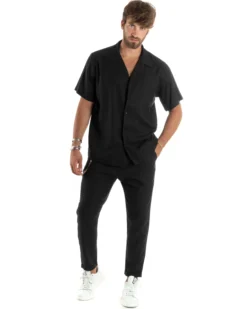 Camicia uomo lino mezze maniche colletto bowling collo rever boxy fit nero GIOSAL-CC1211A