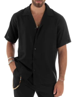 Camicia uomo lino mezze maniche colletto bowling collo rever boxy fit nero GIOSAL-CC1211A