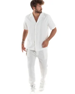Camicia uomo lino mezze maniche colletto bowling collo rever boxy fit bianco GIOSAL-CC1210A