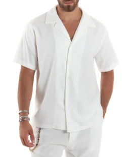 Camicia uomo lino mezze maniche colletto bowling collo rever boxy fit bianco GIOSAL-CC1210A