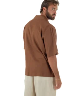 Camicia uomo lino mezze maniche colletto bowling collo rever boxy fit camel GIOSAL-CC1237A