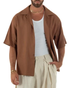Camicia uomo lino mezze maniche colletto bowling collo rever boxy fit camel GIOSAL-CC1237A