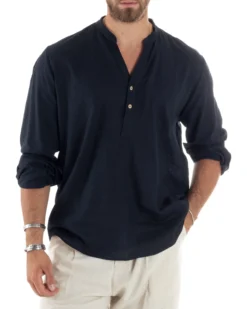 Camicia uomo lino regular fit collo coreano serafino scollo v blu GIOSAL-C2866A