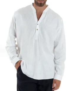 Camicia uomo lino regular fit collo coreano serafino scollo v bianco GIOSAL-C2865A