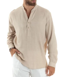 Camicia uomo lino regular fit collo coreano serafino scollo v beige GIOSAL-C2864A