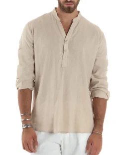 Camicia uomo lino regular fit collo coreano serafino scollo v beige GIOSAL-C2864A