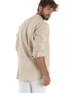 Camicia uomo lino regular fit collo coreano serafino scollo v beige GIOSAL-C2864A