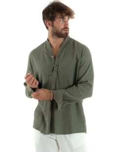 Camicia uomo lino regular fit collo coreano serafino scollo v verde GIOSAL-C2863A