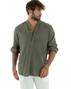 Camicia uomo lino regular fit collo coreano serafino scollo v verde GIOSAL-C2863A
