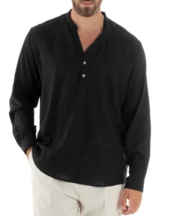 Camicia uomo lino regular fit collo coreano serafino scollo v nero GIOSAL-C2867A