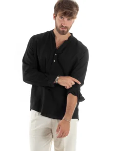 Camicia uomo lino regular fit collo coreano serafino scollo v nero GIOSAL-C2867A