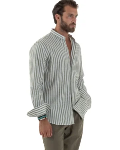 Camicia Uomo Lino Riga Sottile Collo Coreano Verde C3023A
