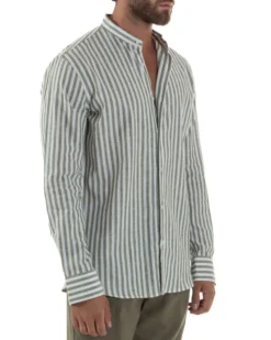 Camicia Uomo Lino Riga Sottile Collo Coreano Verde C3023A