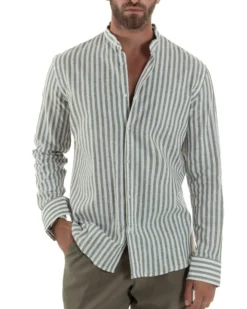 Camicia Uomo Lino Riga Sottile Collo Coreano Verde C3023A