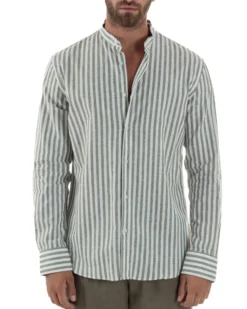 Camicia Uomo Lino Riga Sottile Collo Coreano Verde C3023A