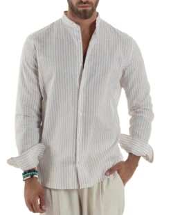 Camicia Uomo Lino Riga Sottile Collo Coreano Beige C3022A