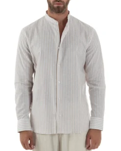 Camicia Uomo Lino Riga Sottile Collo Coreano Beige C3022A