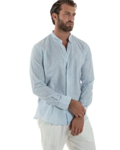 Camicia Uomo Lino Riga Sottile Collo Coreano Celeste C3024A