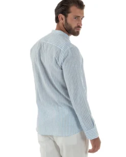 Camicia Uomo Lino Riga Sottile Collo Coreano Celeste C3024A