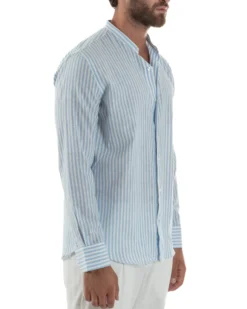 Camicia Uomo Lino Riga Sottile Collo Coreano Celeste C3024A