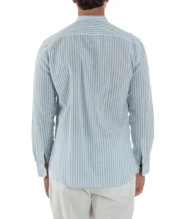 Camicia Uomo Lino Riga Sottile Collo Coreano Celeste C3024A