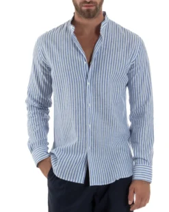 Camicia Uomo Lino Riga Sottile Collo Coreano Blu C3021A