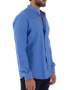 Camicia Uomo Lino Sartoriale Collo Coreano Melangiata Blu Royal C3004A