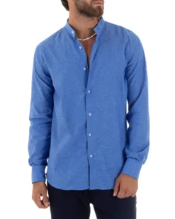 Camicia Uomo Lino Sartoriale Collo Coreano Melangiata Blu Royal C3004A