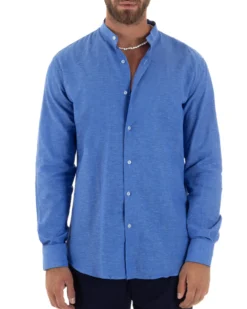 Camicia Uomo Lino Sartoriale Collo Coreano Melangiata Blu Royal C3004A
